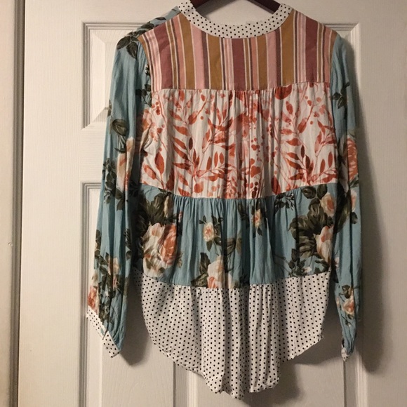 Soft Surroundings Blue Floral and Polka Dot Mixed Print Button Down Blouse - Picture 7 of 11